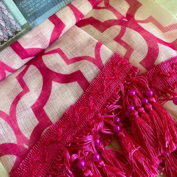 Sanders Window Waterfall Pink & White Valance Geo Sheer with Decorative Fringes - Picture 3 of 8